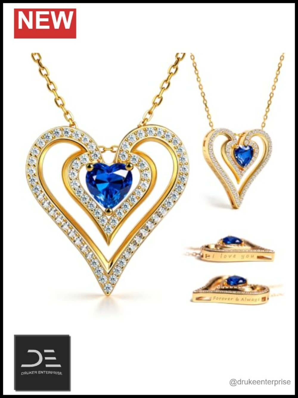 18K Gold Plated S925 Sterling Silver Double Heart Pendant Necklace